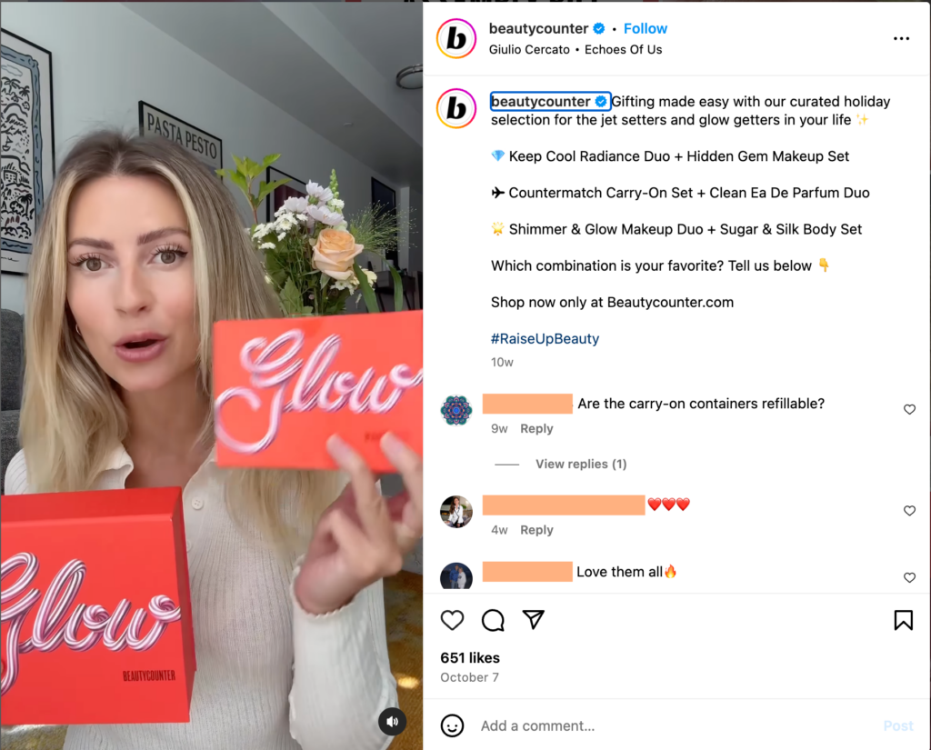 A screenshot of an Instagram post from Beautycounter featuring a creator holding up holiday gift boxes. In the video, the creator comments on the cute appearance of the packaging.