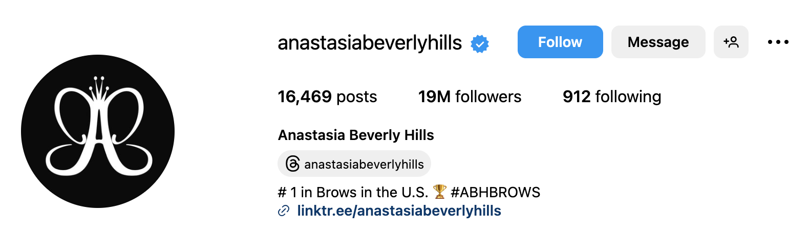 A screenshot of Anastasia Beverly Hills’ Instagram bio and profile photo.