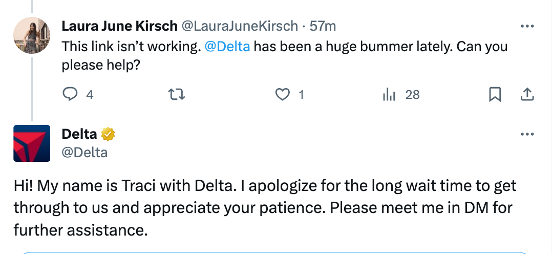 A screenshot of a tweet from Delta Airlines X/Twitter account and a reply