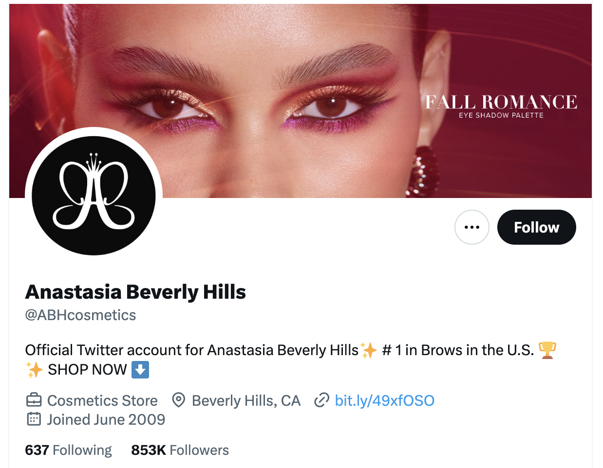 A screenshot of Anastasia Beverly Hills X/Twitter bio and profile photo