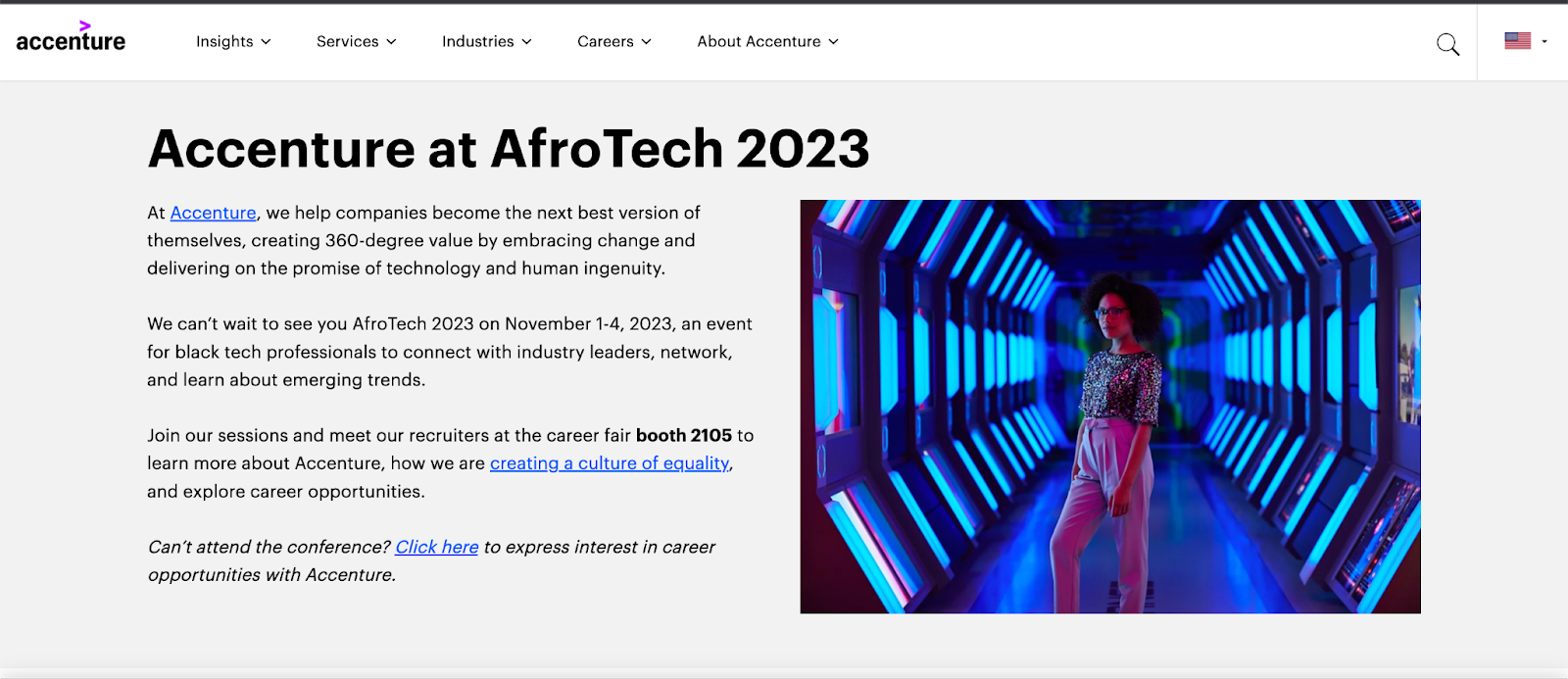 A screenshot from Accenture’s “Accenture at AfroTech 2023” webpage. 