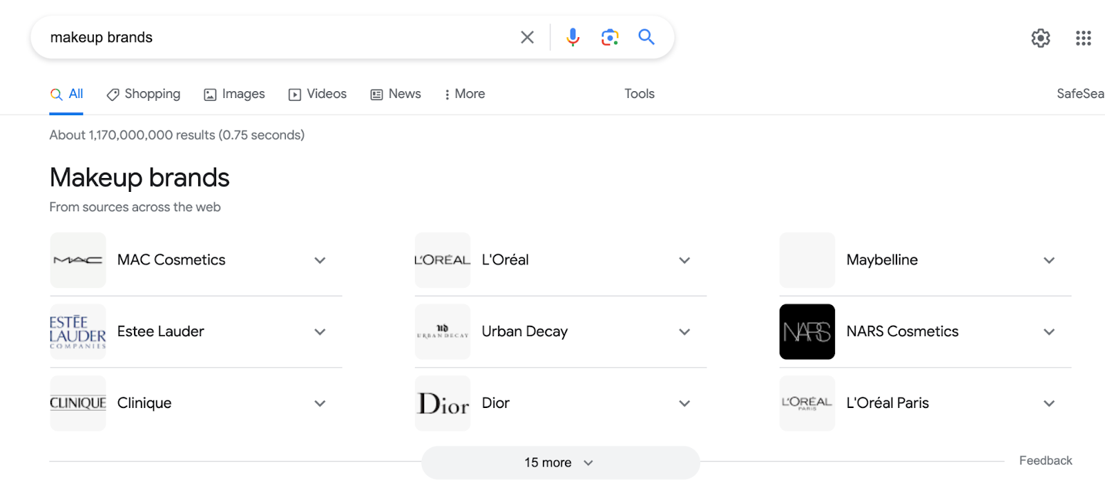 A screenshot of a Google search for makeup brands.