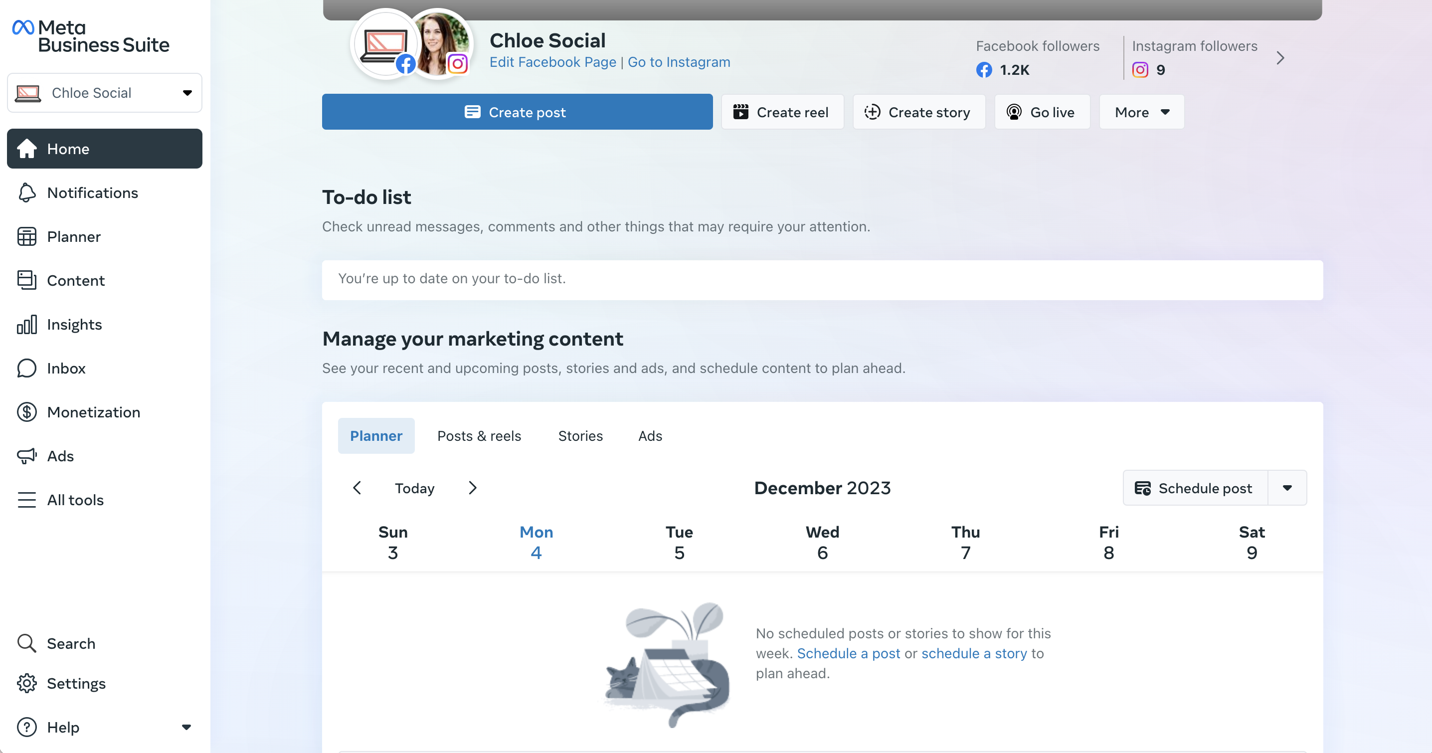 A screenshot of the content planner in Meta Business Suite