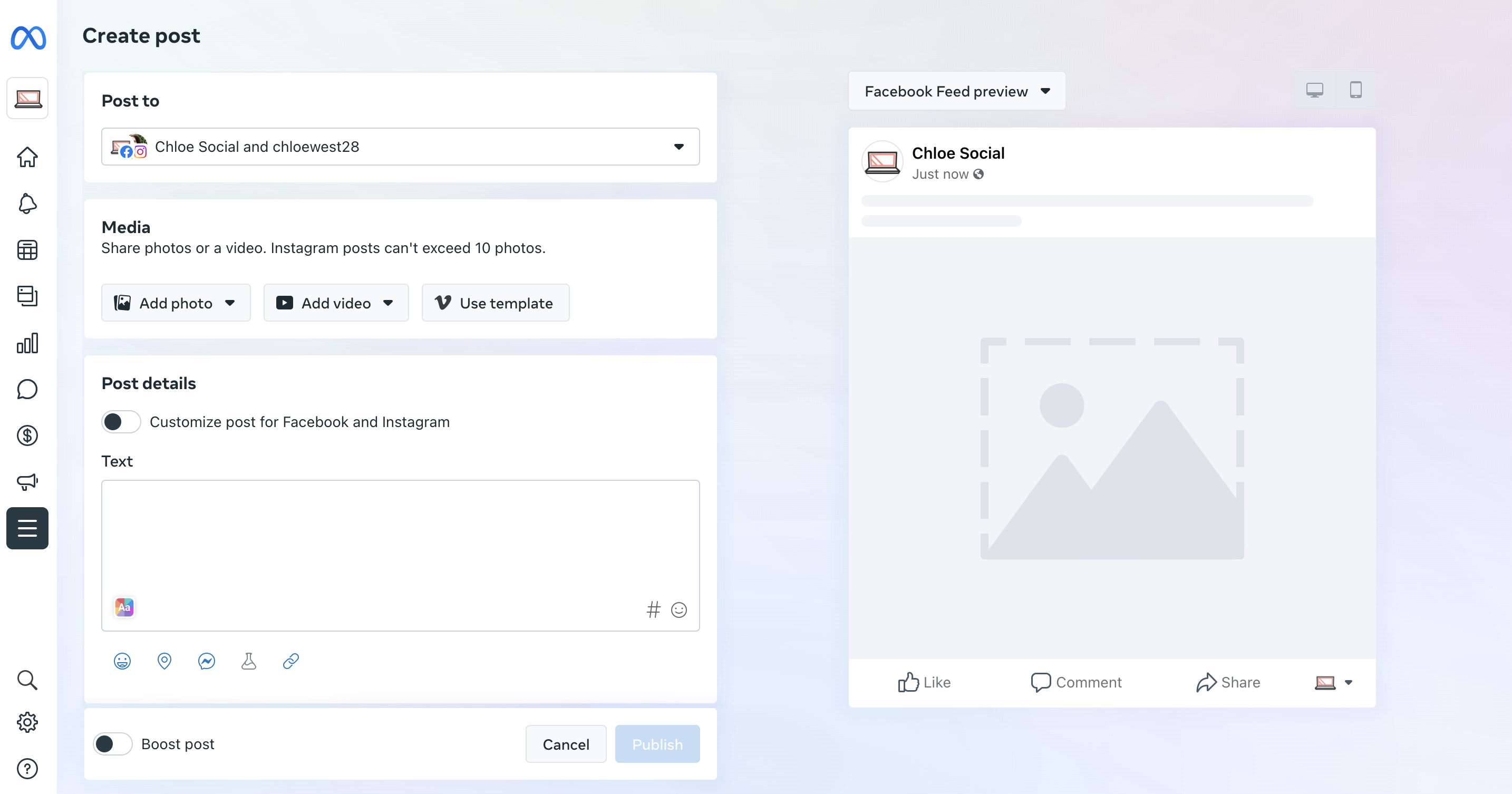 A screenshot showing the post creation screen in Meta Business Suite