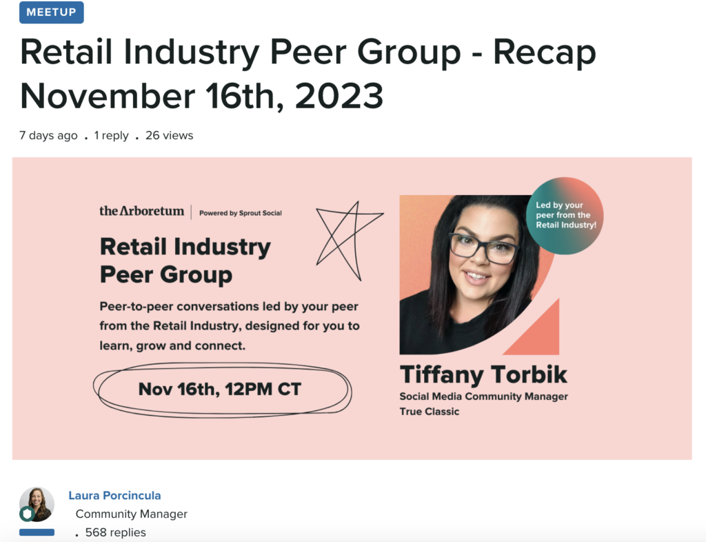A screenshot of the virtual peer-to-peer discussion event hosted by the Arb featuring Tiffany Torbik, social media community manager at True Classic. 