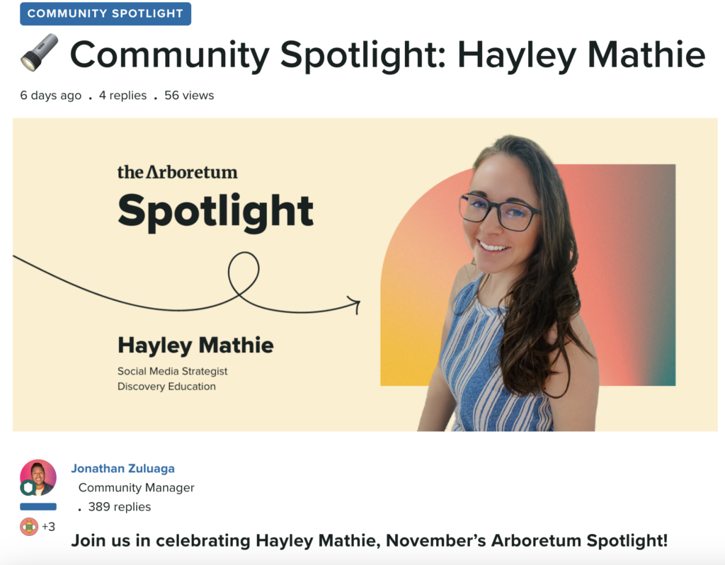 A screenshot of The Arb's community spotlight event featuring Haylee Mathie, social media strategist at Discovery Education.