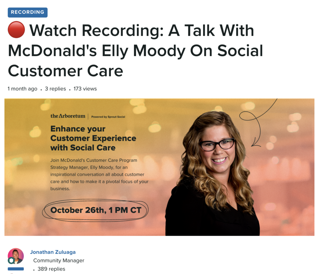 A screenshot of a webinar hosted by The Arb featuring Elly Moody, Strategy Manager for McDonald’s Customer Care Program in a discussion about putting customer care at the center of your business.