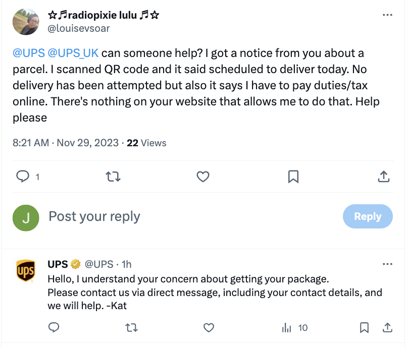 A user on X asks UPS for help with a delivery. In their response to the customer, UPS instructs them to contact the brand via direct message with contact details. 
