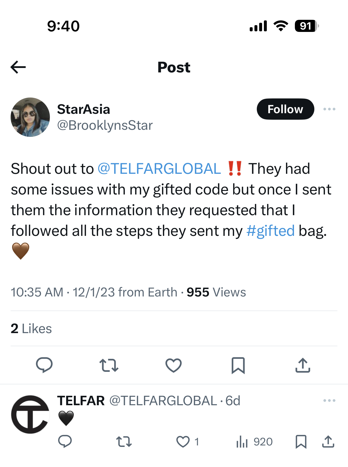 A Telfar customer thanks the brand for great customer service and rectifying an issue. The Telfar brand account responds with a black heart emoji. 