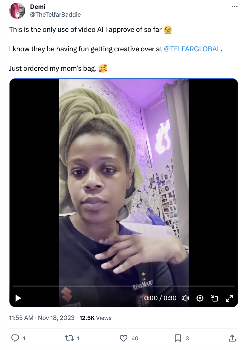 A customer praises Telfar's creativity on social media, referring to the brand's personalized artificial intelligence-generated videos. She mentions she ordered a bag for her mother.