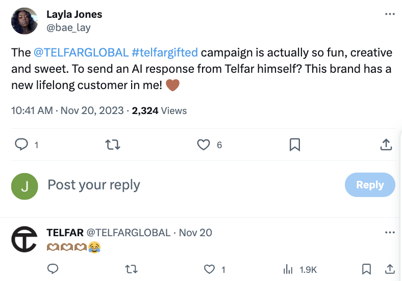 A Telfar customer praising the brand for its personalized AI-generated videos on social, a campaign for the Telfar Gifted sale. The customer says the brand earned a lifelong customer. 