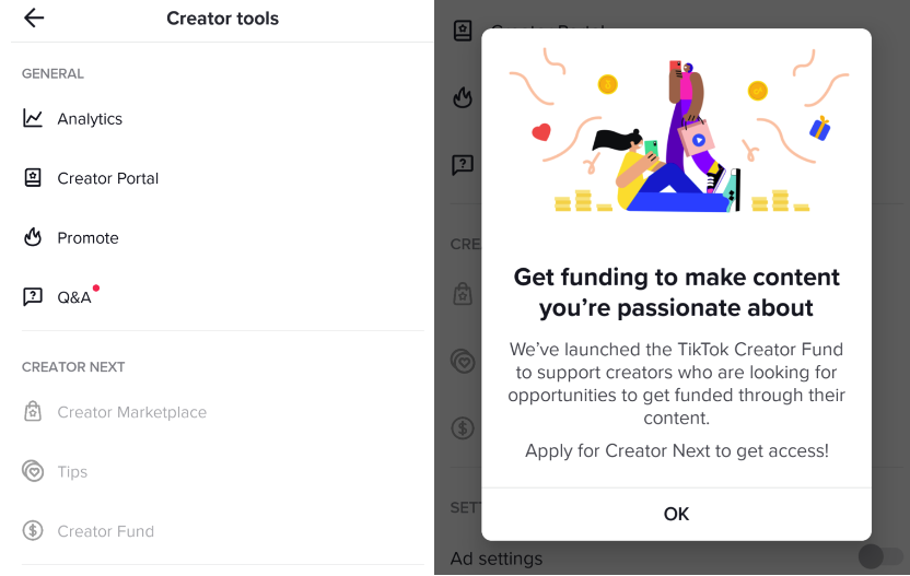 Screenshot of how to apply for the TikTok Creator Fund and the Creator Tools