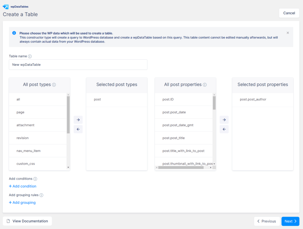 wpDataTables query builder