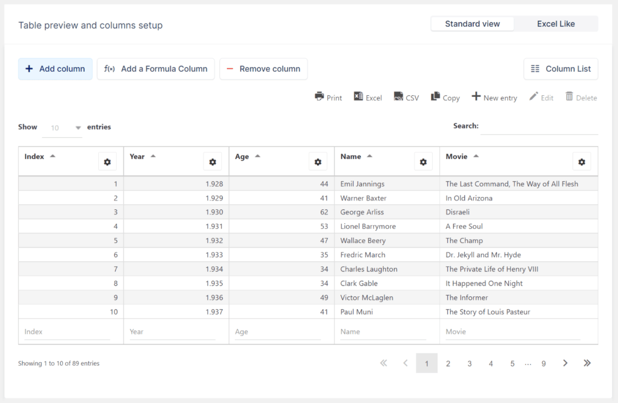 wpDataTables standard editor