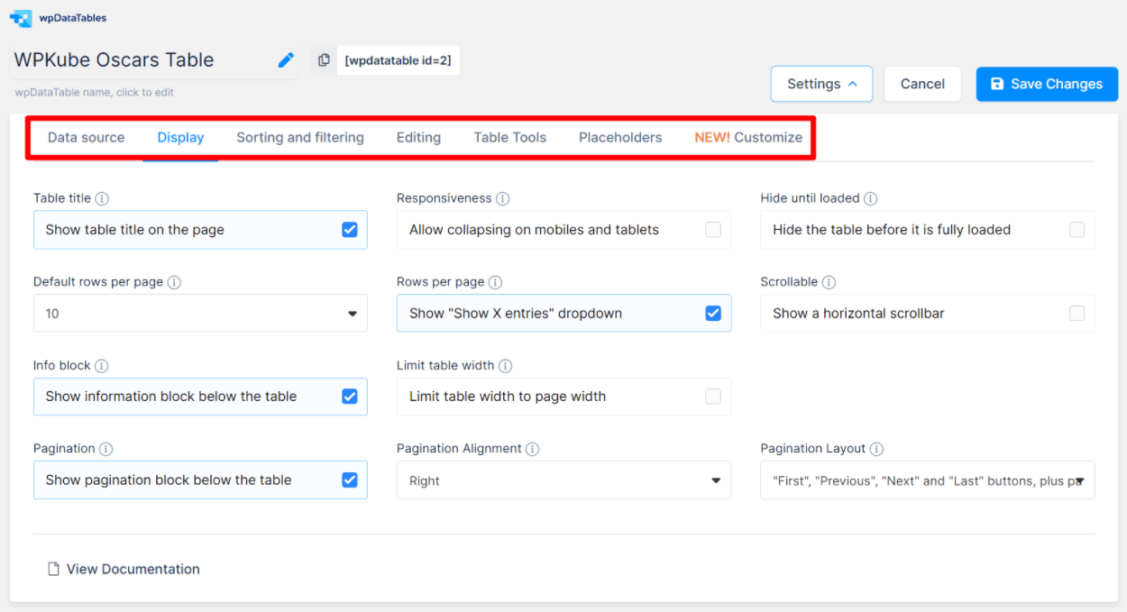 wpDataTables table settings