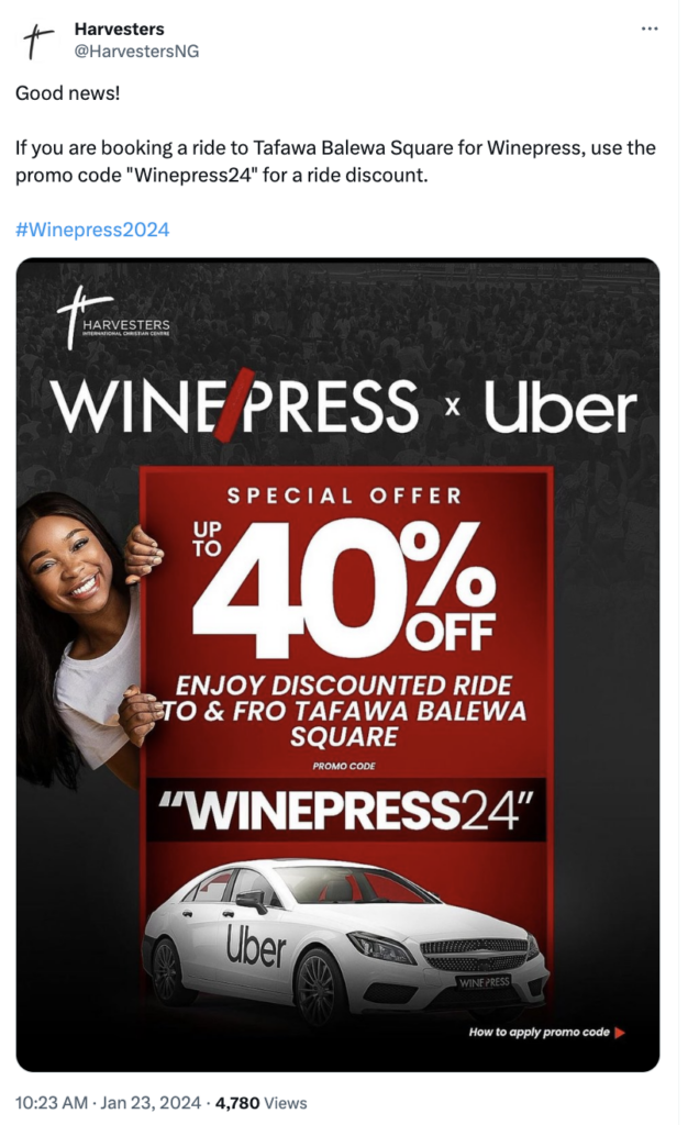 Screenshot from Harverters on X (formerly Twitter) saying If you are booking a ride to Tafawa Balewa Square for Winepress, use the promo code "Winepress24" for a ride discount