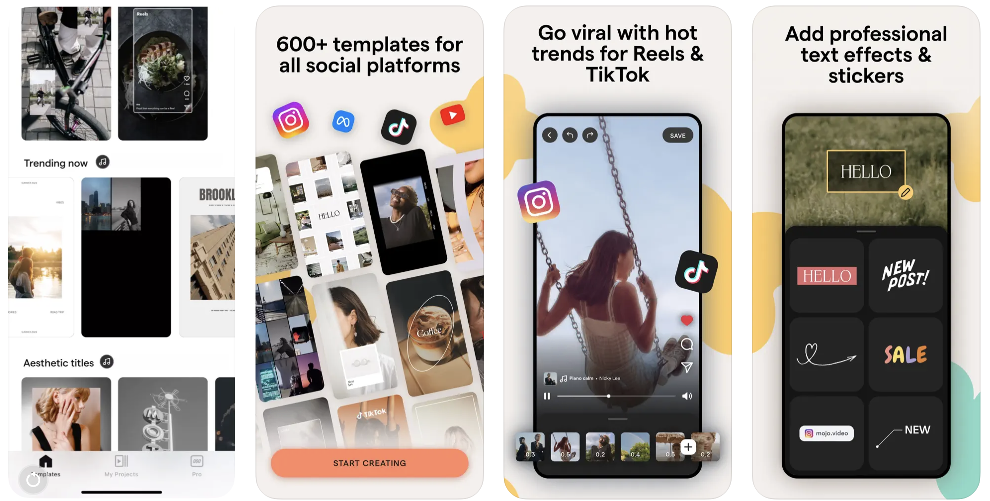 Four side-by-side screenshots of Instagram tool Mojo's interface.