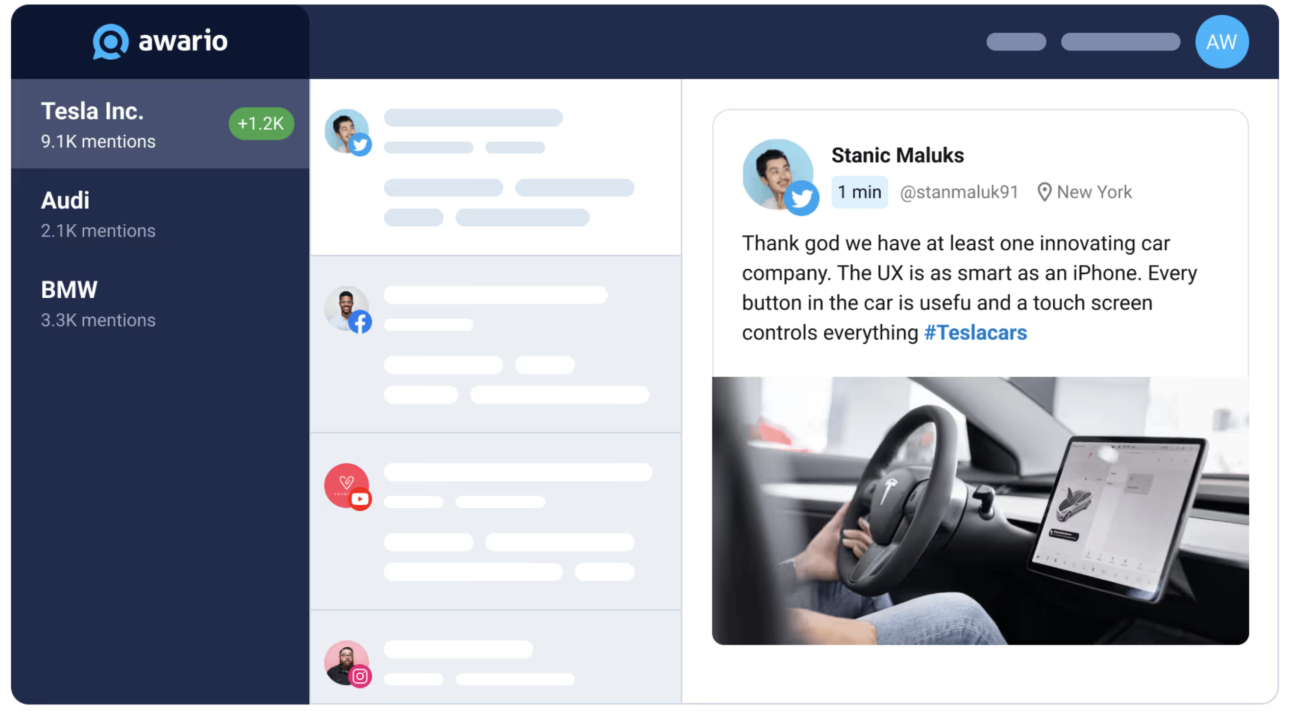 Screenshot of Awario's interface: on the left-hand side, the topics are around Tesla, Audi and BMW. The main dashboard is showing a feed of social posts around Tesla.