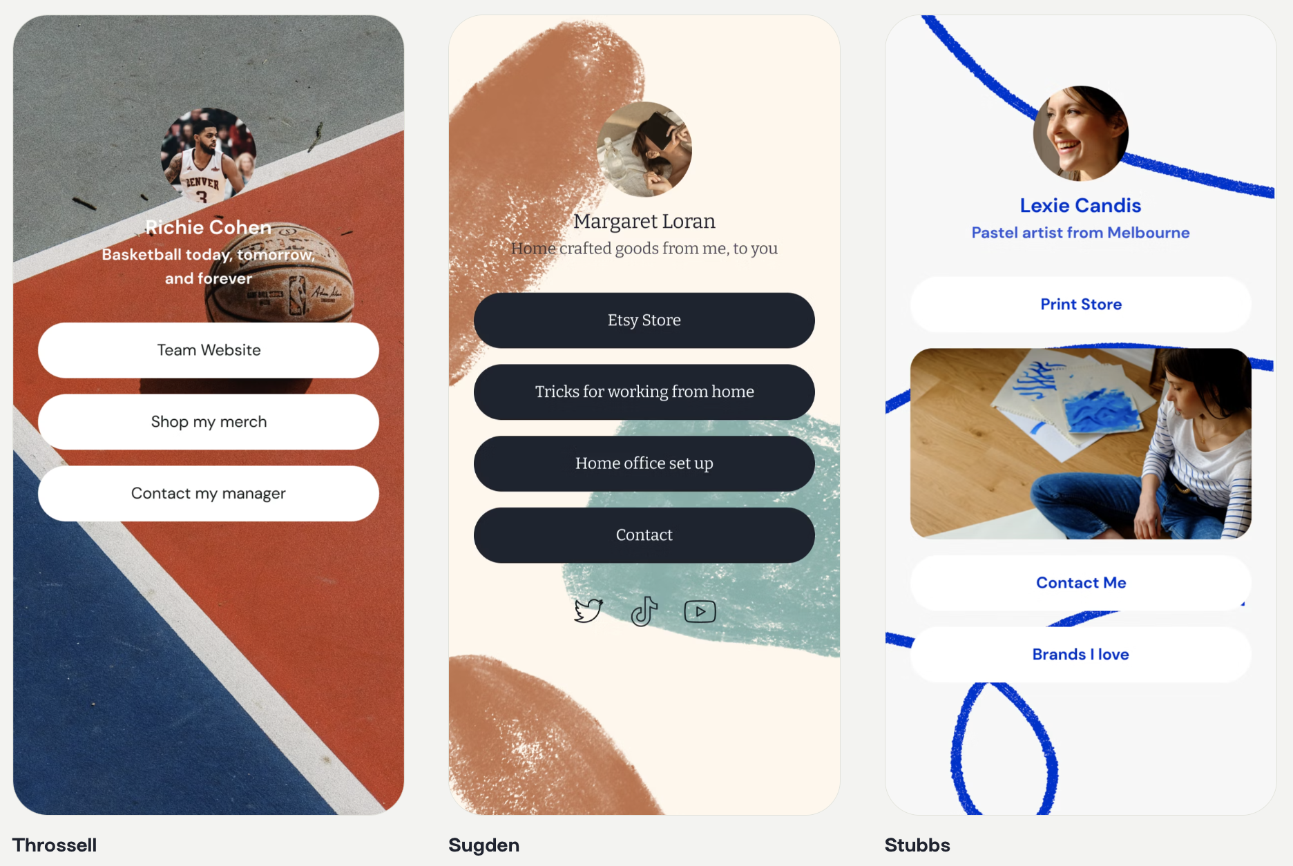 Three side-by-side screenshots of Instagram profile tool Linktree's interface.
