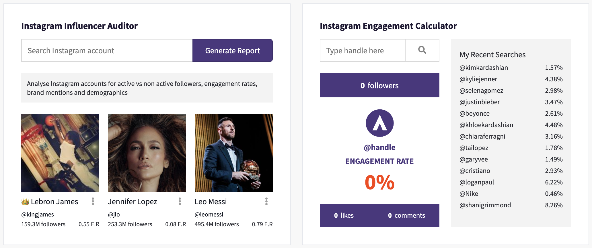 Screenshot of Phlanx's interface for auditing Instagram influencers and engagement calculator. 