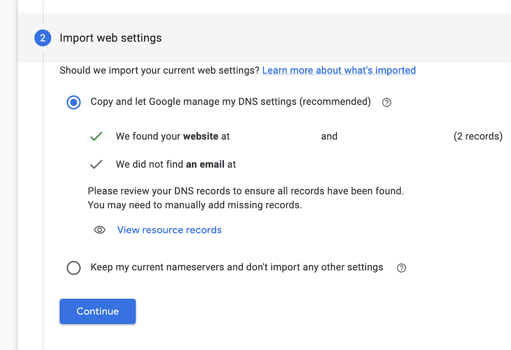 The Import web settings screen.