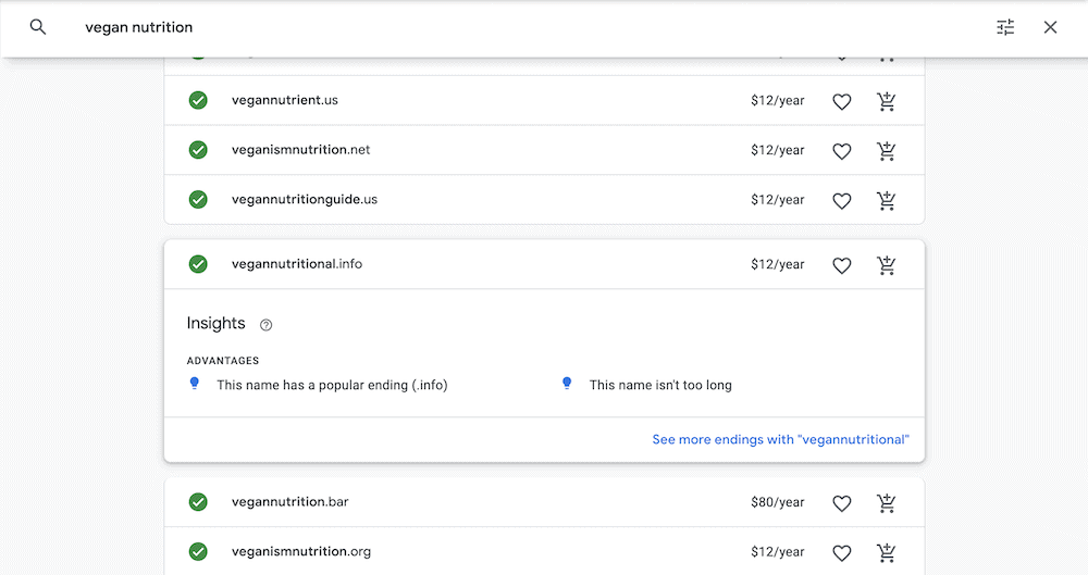 Checking the insights for a potential domain.