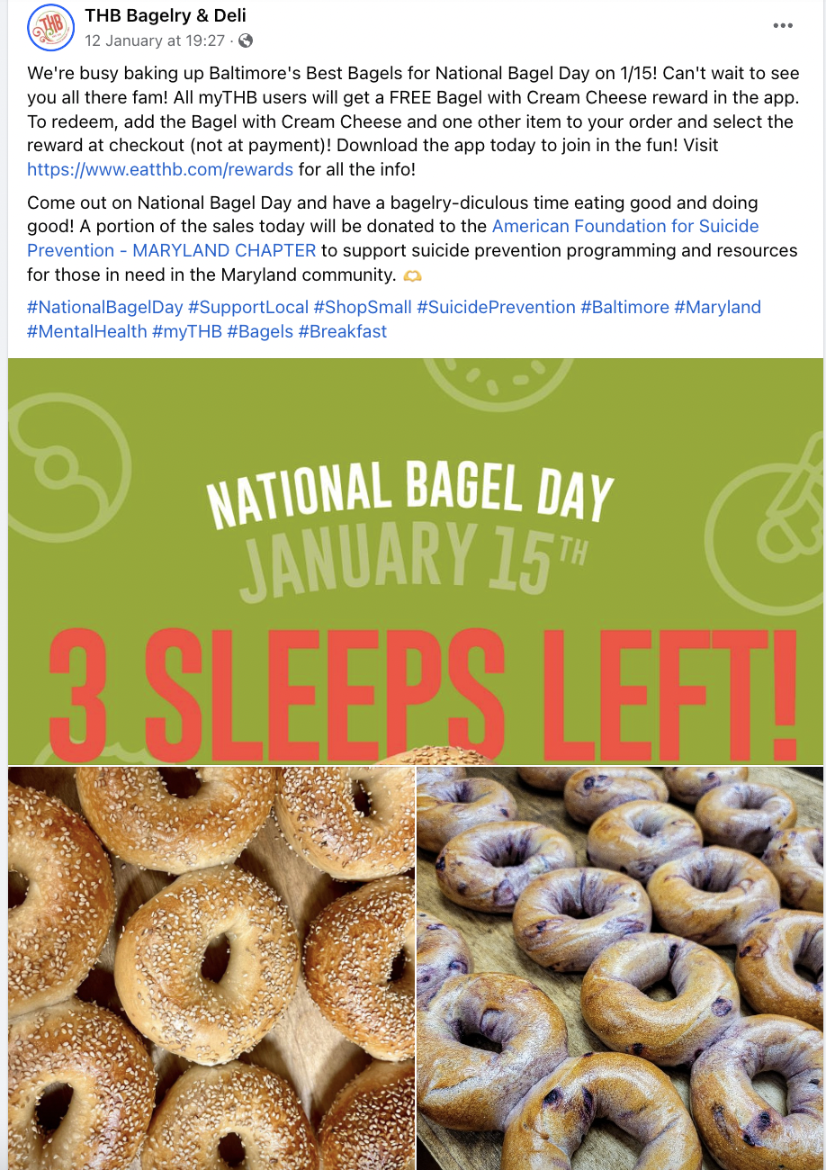 Facebook post from The Bagelry & Deli showing two batches of bagels and a countdown to national bagel day on January 15th with a caption that includes the hashtag #NationalBagelDay