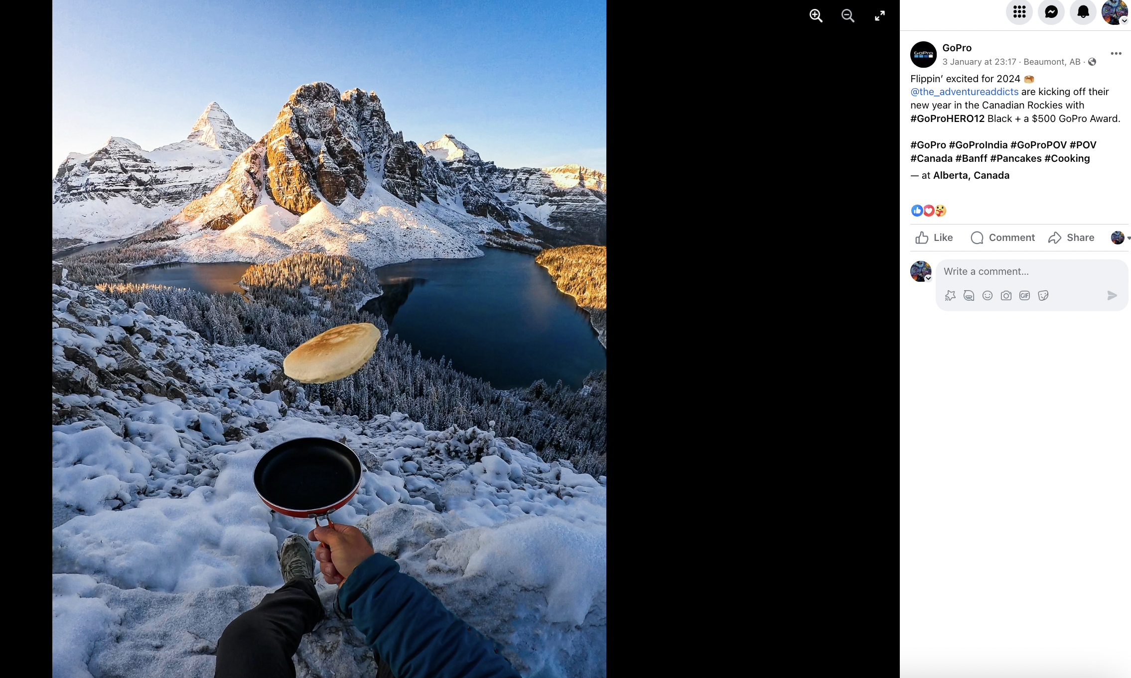 GoPro facebook post of a person flipping a pancake against the backdrop of a snowy mountain with a caption that says "Flippin' excited for 2024 @the_adventureaddicts are kicking off their new year in the Canadian Rockies with #GoProHERO12 Black + a $500 GoPro Award"
