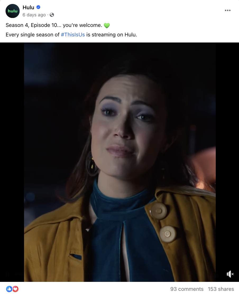 Hulu Facebook post showing a scene from the "This is Us" TV show and a hashtag with the show name