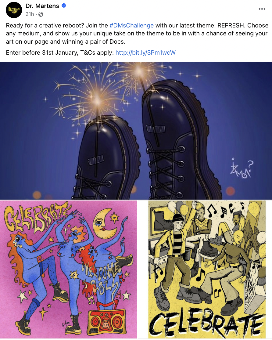 Facebook post of Dr Martens showing three different art renditions of the shoes and requesting people to share their designs using the hashtag #DMsChallenge