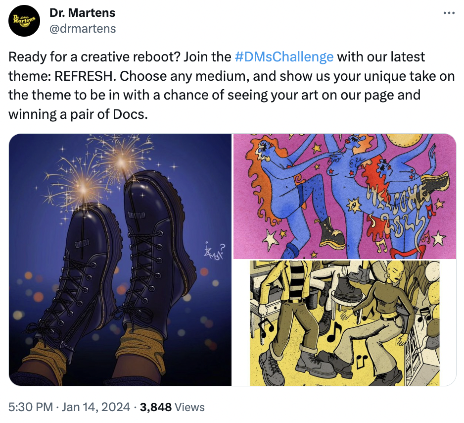 X post of Dr Martens showing three different art renditions of the shoes and requesting people to share their designs using the hashtag #DMsChallenge