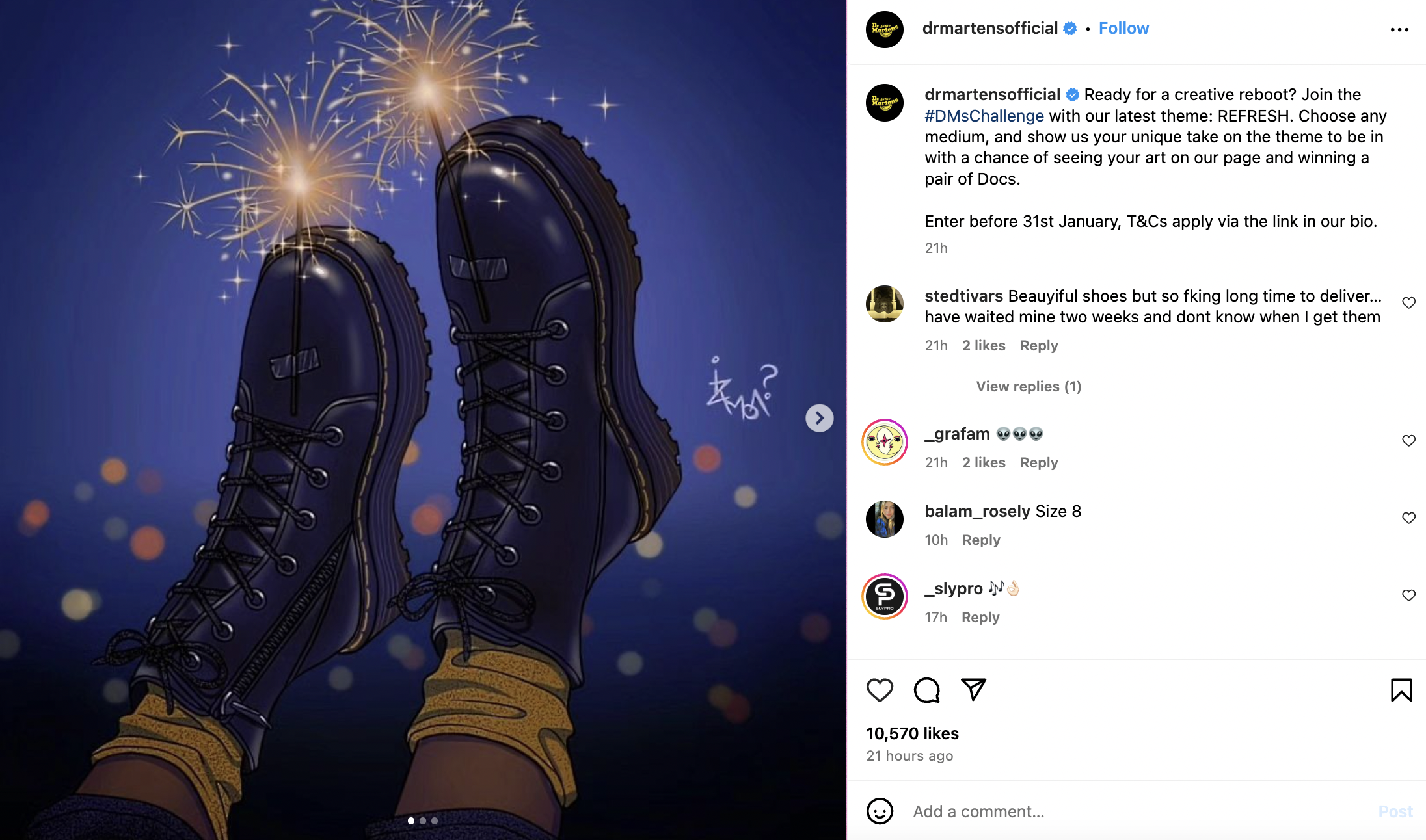 Instagram post of Dr Martens showing an art rendition of the shoes and requesting people to share their designs using the hashtag #DMsChallenge