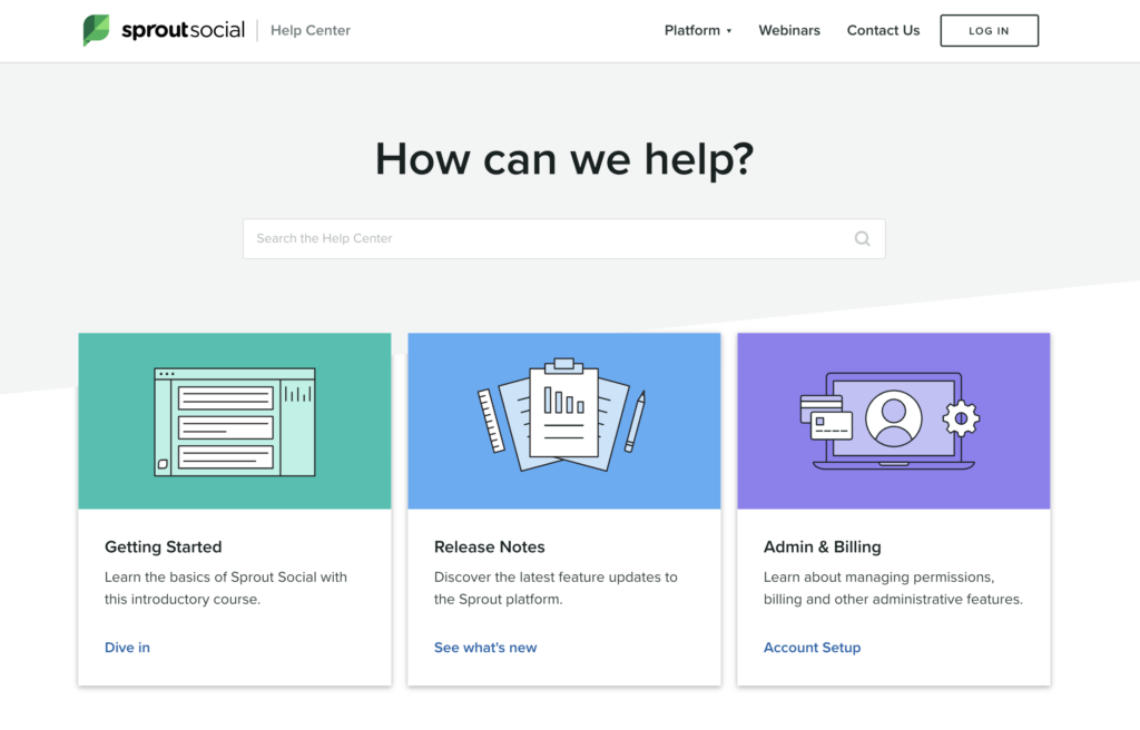 A screenshot of Sprout's Help Center where users can get information on how to get started, release notes, admin permissions, billing and more.