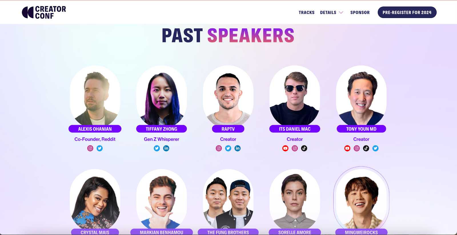 Screenshot of the past speaker section on CreatorConf’s website.