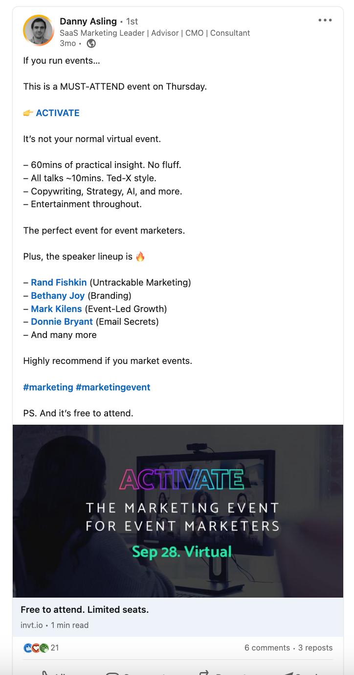 A LinkedIn post from Danny Asling promoting a marketing event.