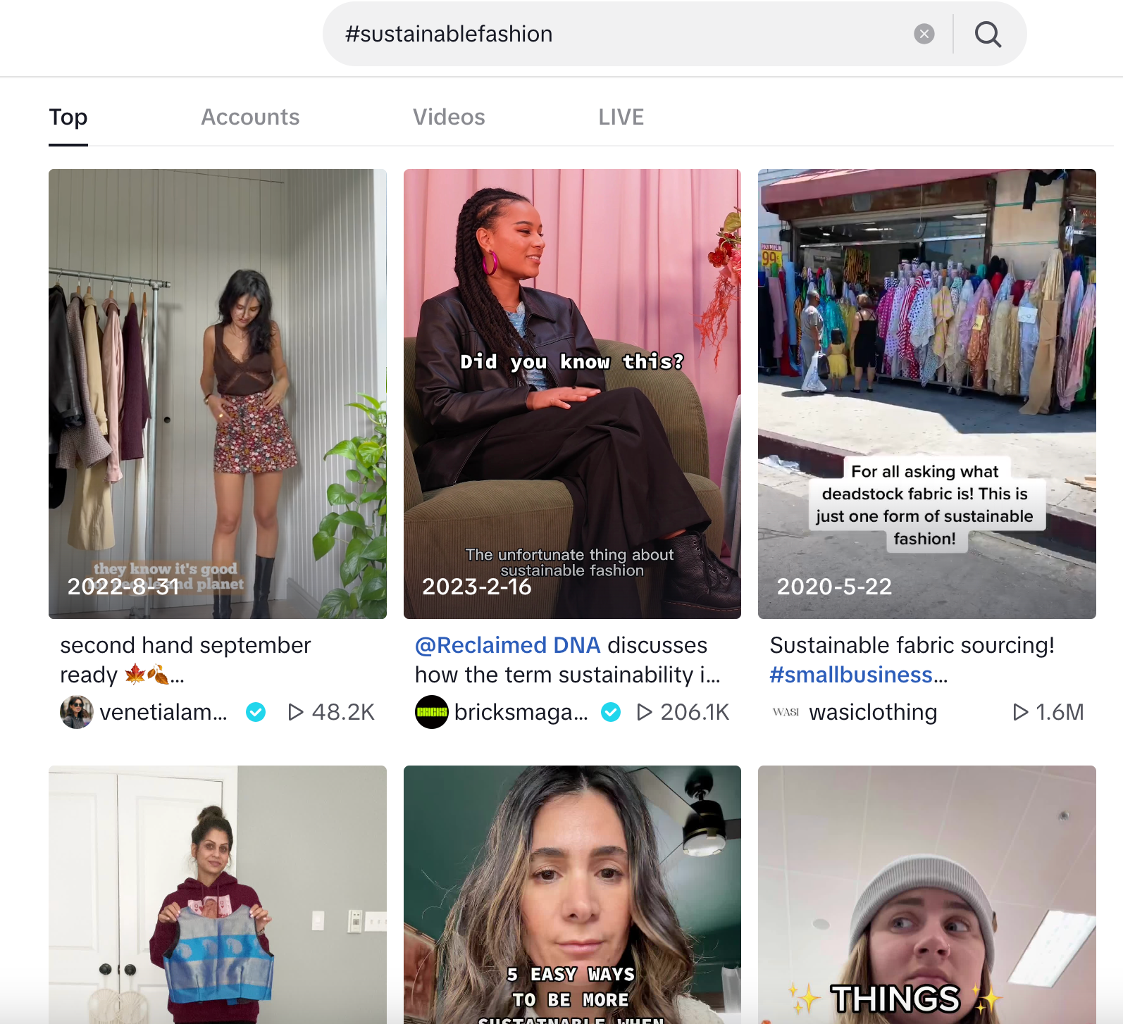 Search results for the hashtag #sustainablefasion on TikTok