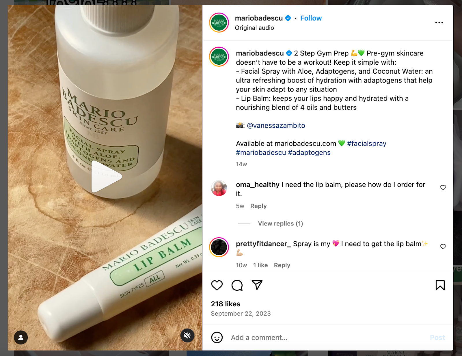 An Instagram post from Mario Badescu