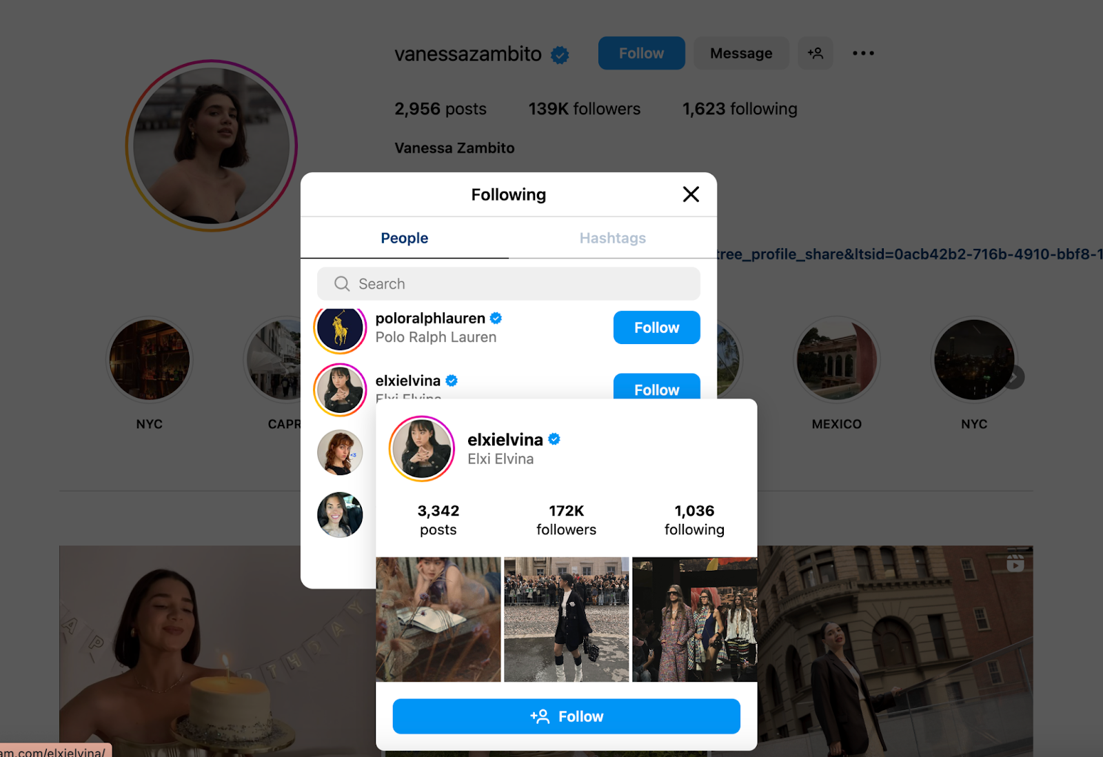 Vanessa Zambito’s following screen, showing Elxi Elvina’s profile 