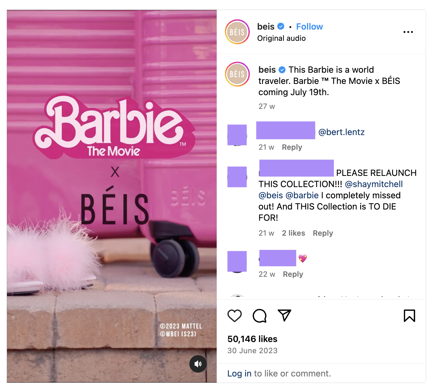 Post from Beis promoting their Barbie ™ The Movie x BÉIS luggage collection.