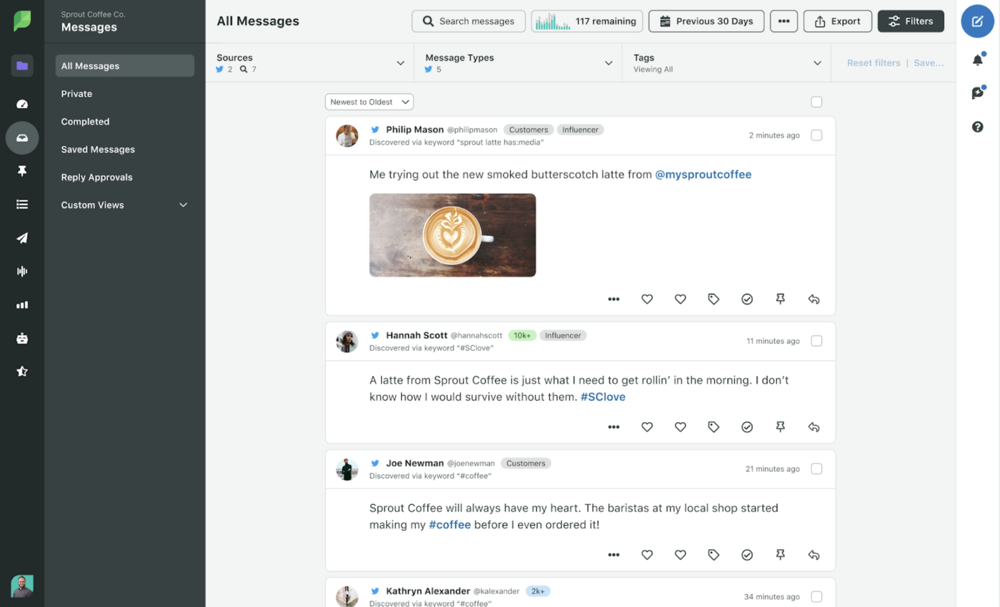 Preview of Sprout’s Messages dashboard with filters like sources, message types and tags.