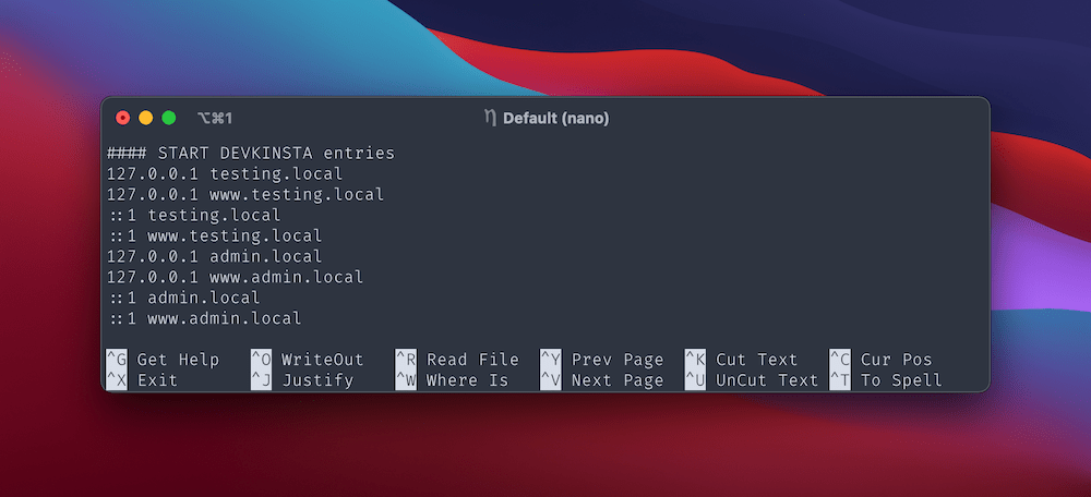 Opening the hosts file in Nano.