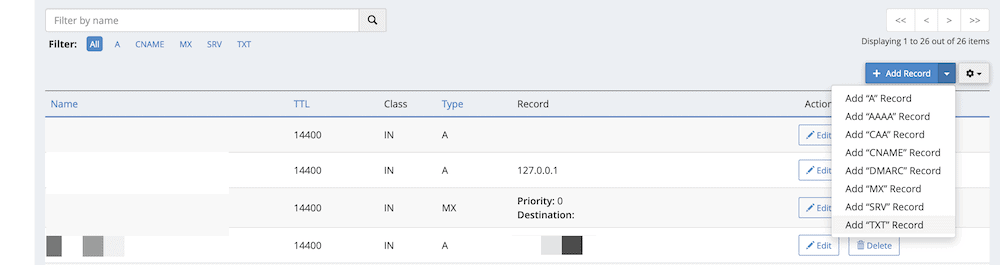 Finding the Add TXT Record option within the Zone Editor.