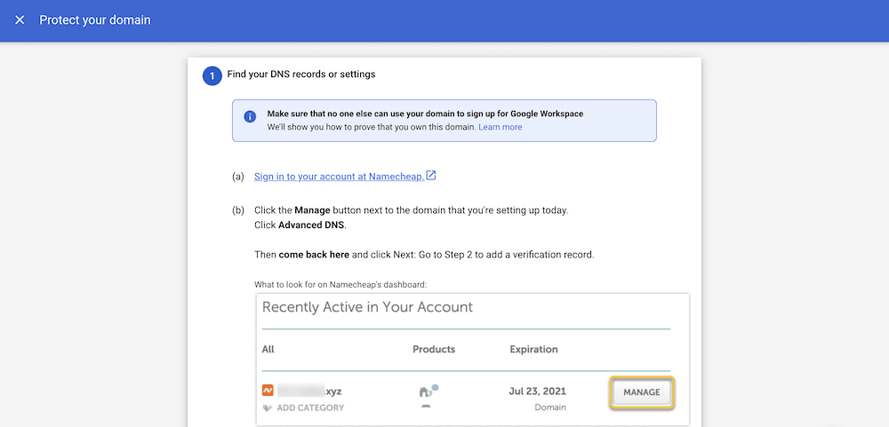 The Protect your domain instructions.