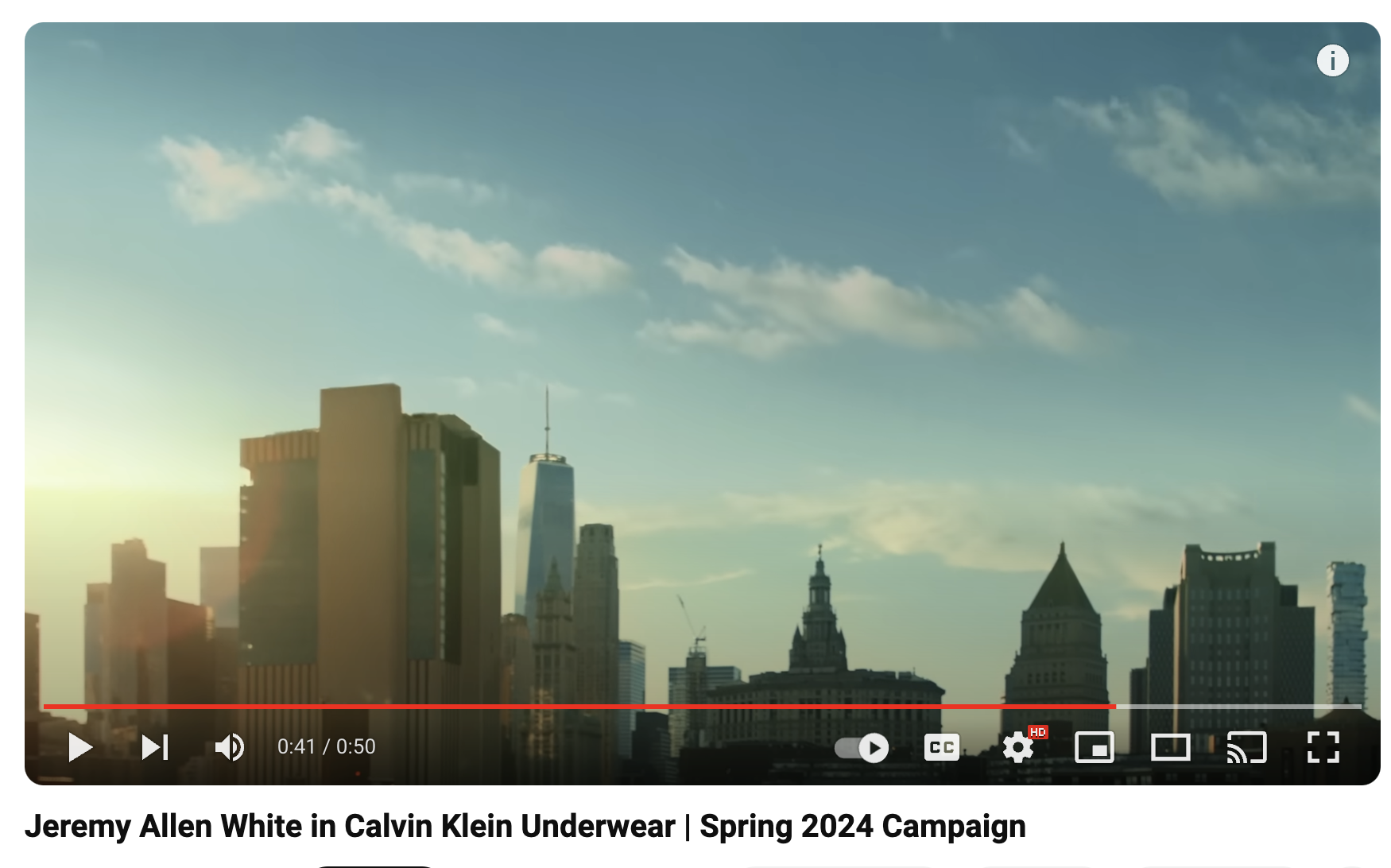 A screenshot of the Calvin Klein YouTube video featuring Jeremy Allen White. In the video, the actor can be seen strolling the streets of New York before ascending the stairs of a building to get to the roof. On the roof, he performs various physical feats in Calvin Klein underwear.