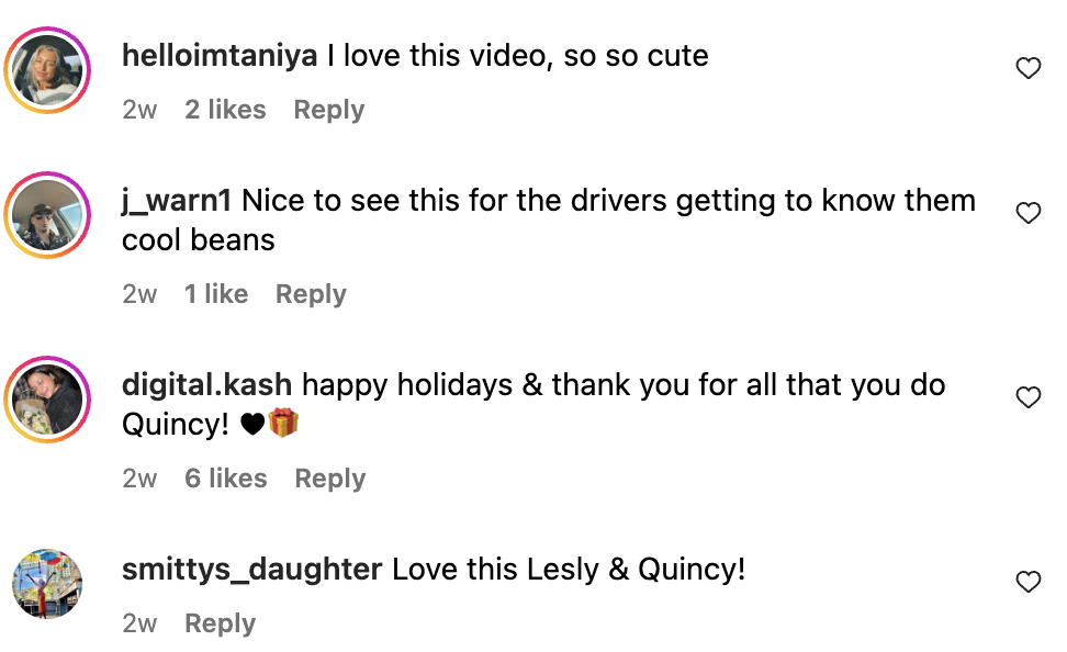 A screenshot of the comments section of the UPS TikTok video where Lesly, from the UPS social team, interviews Quincy, a driver for UPS. Comments include messages like "I love this video, so so cute," and "Happy holidays and thank you for all that you do, Quincy."
