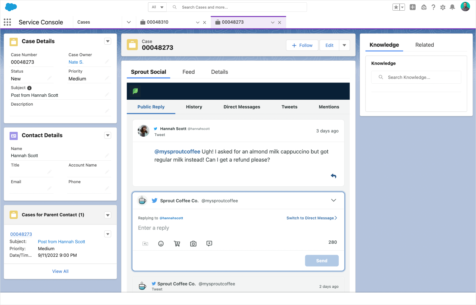 A screenshot showing social messages from Sprout appearing in Salesforce through Sprout's Salesforce integration. You can also see case and contact details while replying to the customer message.