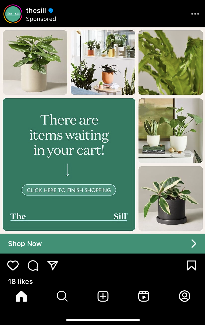 A sponsored post from The Sill that includes the text: There are items waiting in your cart. The post is a graphic featuring many plant images.