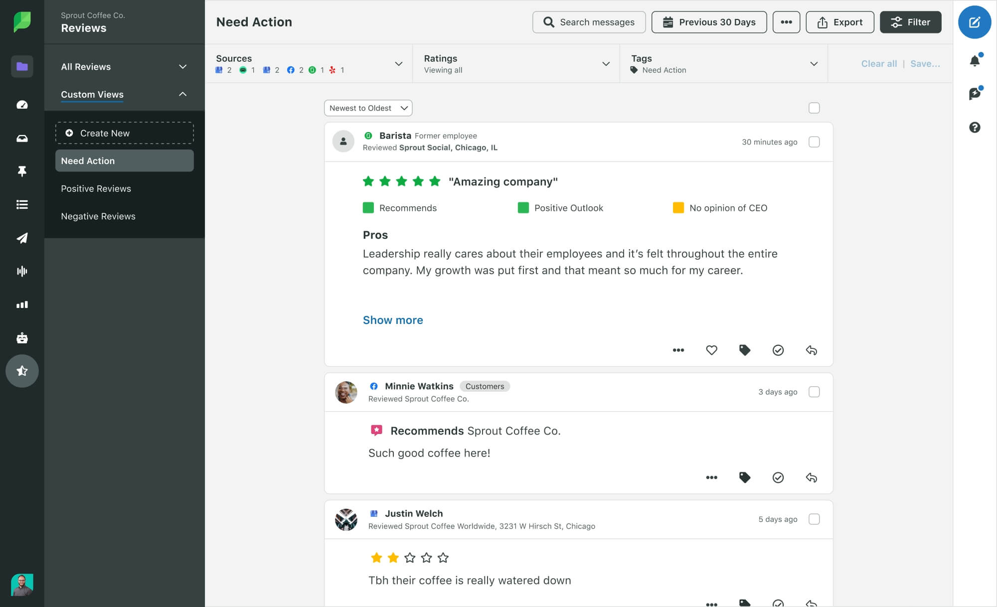 Screenshot of Sprout's review management features.