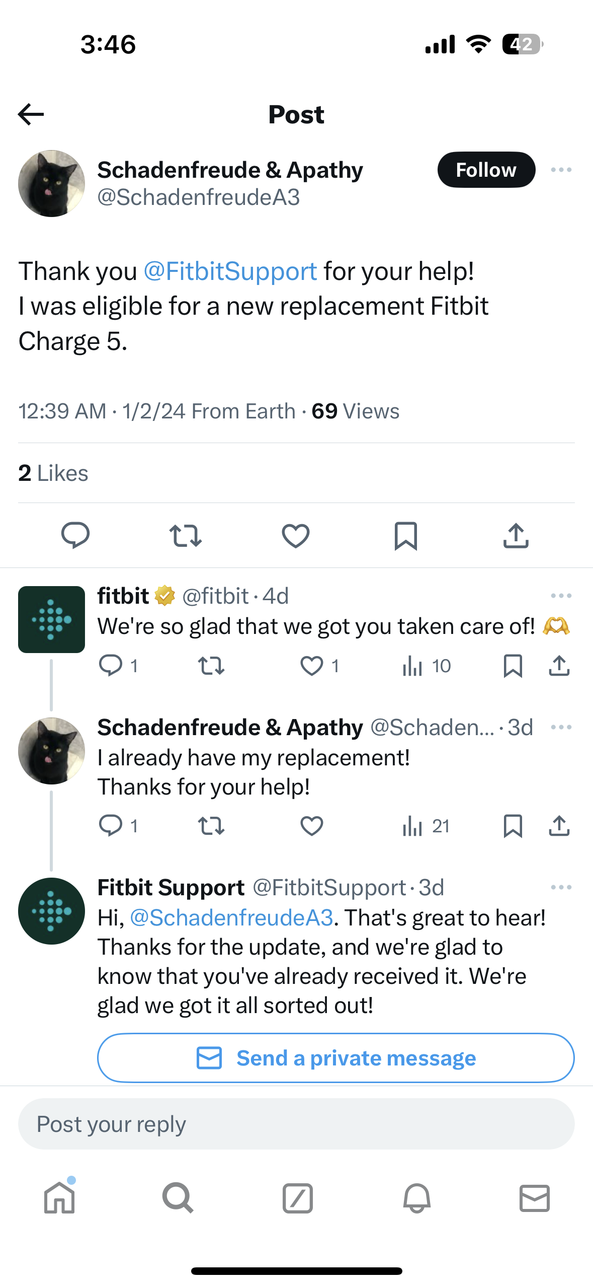A customer on social thanks Fitbit support for helping them. The brand account responds thanking the customer several times.
