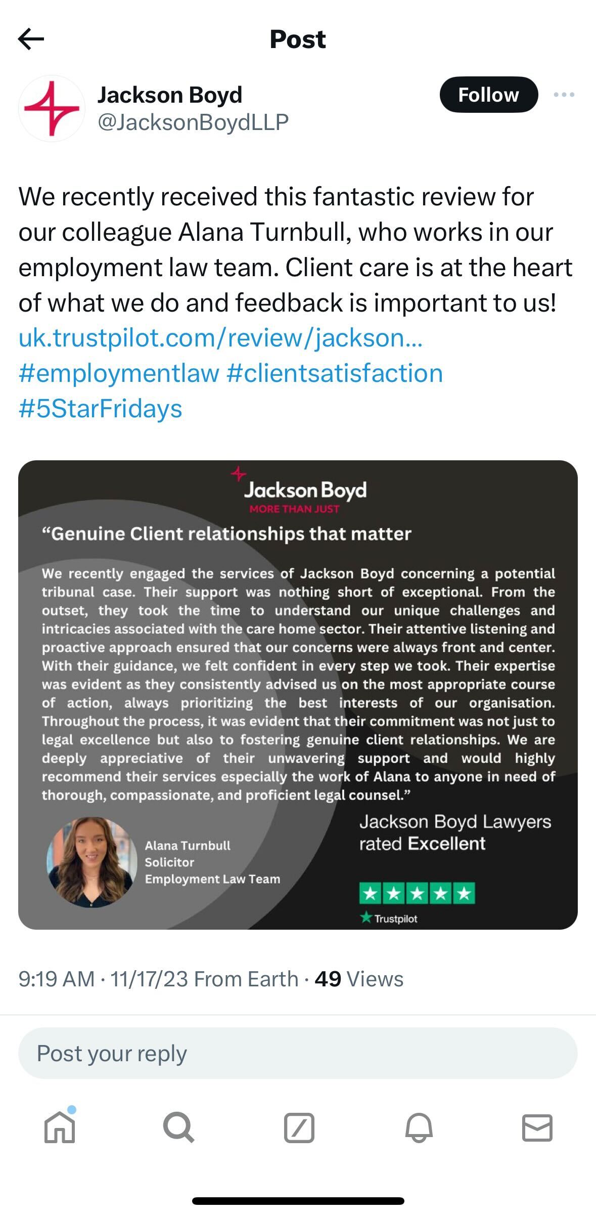 A post on X from Jackson Boyd featuring a client testimonial on Trustpilot.